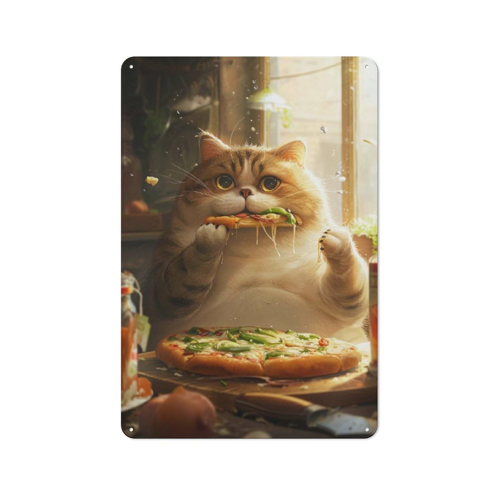 Junmoney Chubby Pizza Cat Country Vintage Metal Wall Decor 30X20cm, Decorative Tin Sign For Cottage, Kitchen, Hallway Or Breakfast Nook
