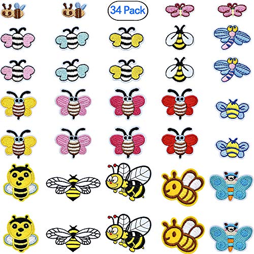 PGMJ 34 Pieces Cute Insect Patches Applique Sew Iron on Embroidered Sewing Iron on Bees Patches Sewing Patch Bags Jackets Jeans Clothes Caps