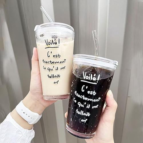 MsiDtsoy 【北欧風・耐熱ガラス】タンブラーグラス 2WAYストロー & 直飲み 450ml 食品級 透明 蓋付き 密閉性 ストロー付き 耐熱0-80℃ アルファベットプリント ブラシ付き マグカップ 耐熱耐冷コップ 飲み物ボトル 厚底水筒 DIYド