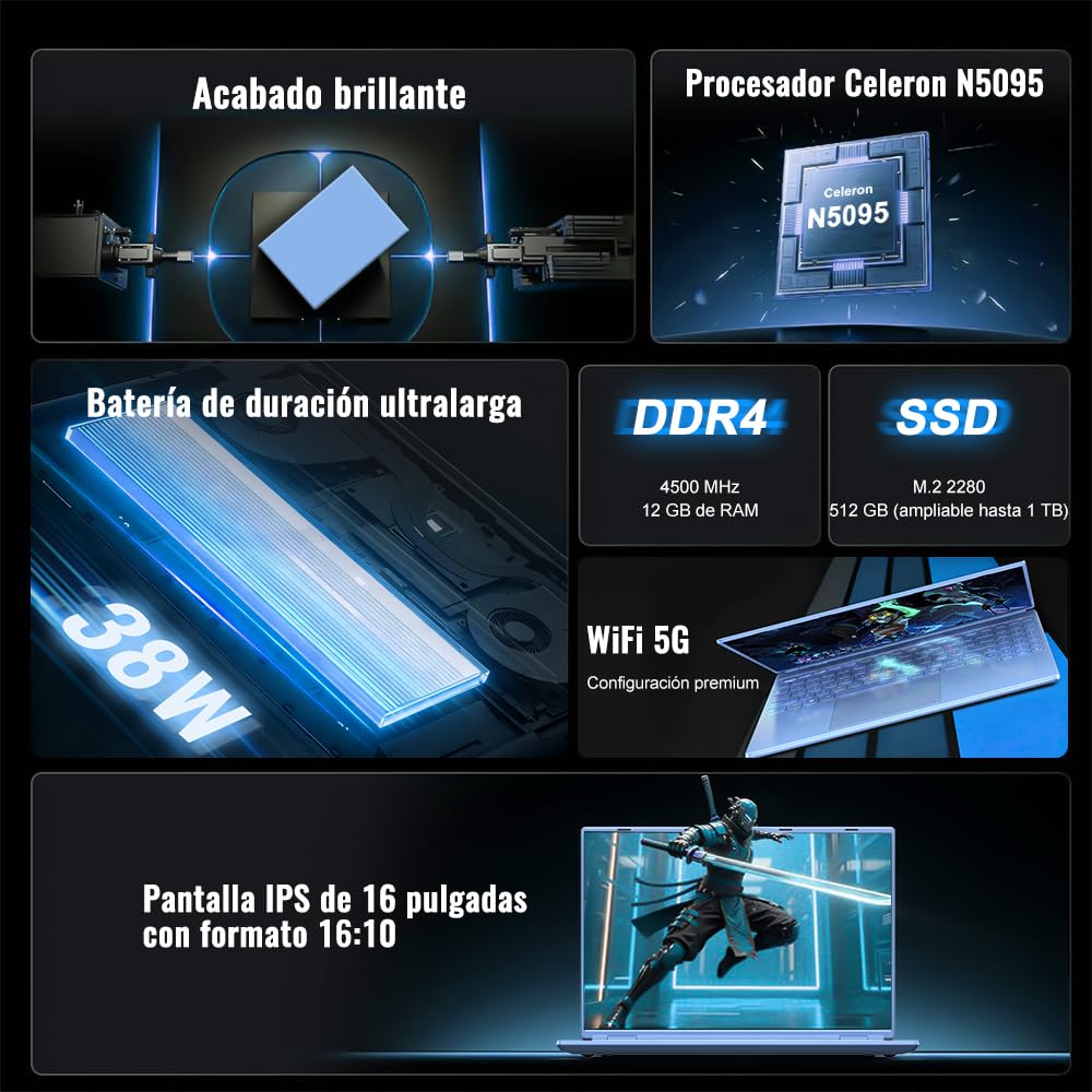 Ordenador Portátil 16 Pulgadas Celeron N5095 Up to 2.9Ghz, Portátil Win 11 con 5G WiFi 12+512GB SSD Expansión 1TB, BT 4.2 Mini Puerto Multimedia Portatiles Ventilador Refrigeración 1920*1200-Azul