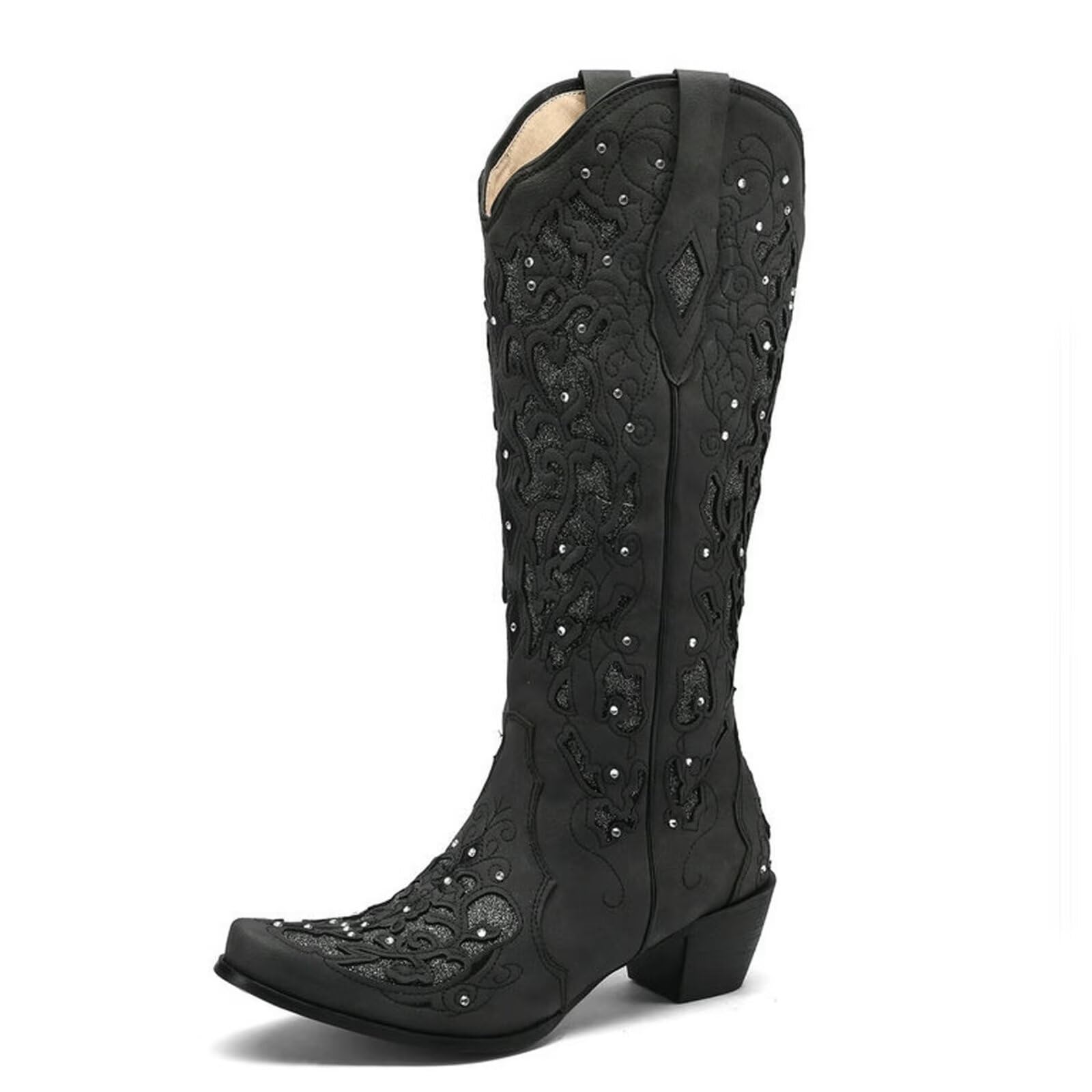Agodor Western Cowboy Boots for Women Retro Embroidery Rhinestones Knee High Boots Pointed Toe Chunky Block Heel Mid