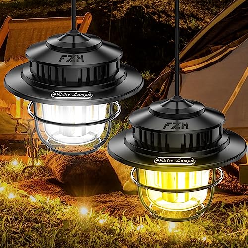 Fzh Led Camping Lantern Rechargeable, 4 Modes Infinitely Dimmable Light，Hanging Retro Light, Battery Powered Ipx4 Waterproof Portable Outdoor Tent Electric Lamp - 2 Pack #TOP3