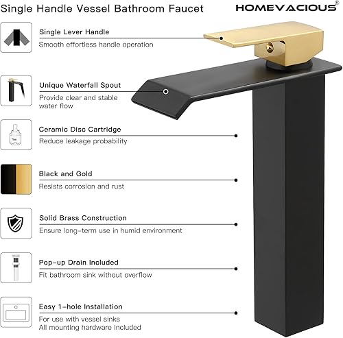 Miniatura 5 de Homevacious Grifo de lavabo de recipiente negro y dorado, grifo de baño de cascada moderno, con drenaje desplegable y línea de suministro de agua,