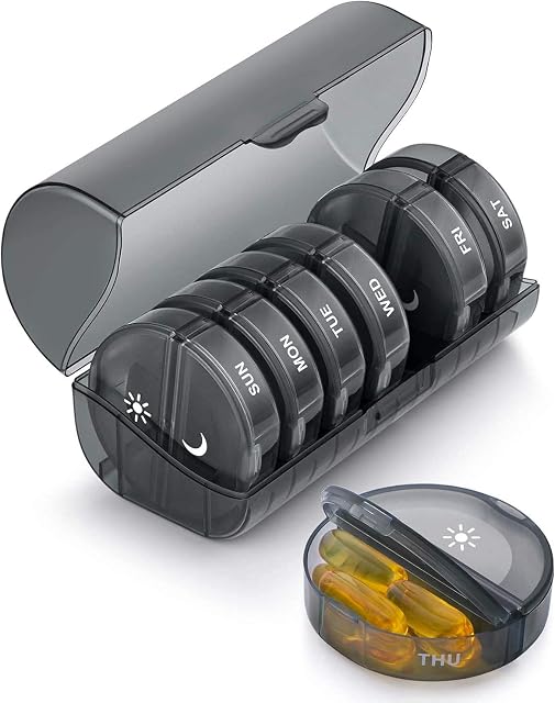 Amazon Brand  Eono Pill Organiser AM PM - 7 Day Weekly Pill Box Case with 14 Compartments, Medication Organiser for Travel - Proof Design (Black)