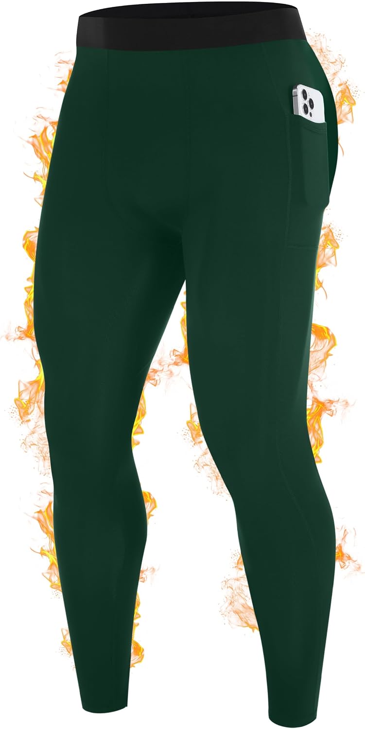 Men's Thermal Compression Pants, Fleece Lined Leggings with Pockets, Winter Sports Base Layer for Running Workout