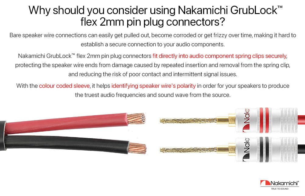 Nakamichi GrubLock Excel Series 24k pozłacane elastyczne wtyki pinowe 2 mm do przewodów 10 AWG - 18 AWG, do zacisków sprężynowych, głośników i wzmacniaczy Hi-Fi, złącze śrubowe, 16 szt. (8 par)
