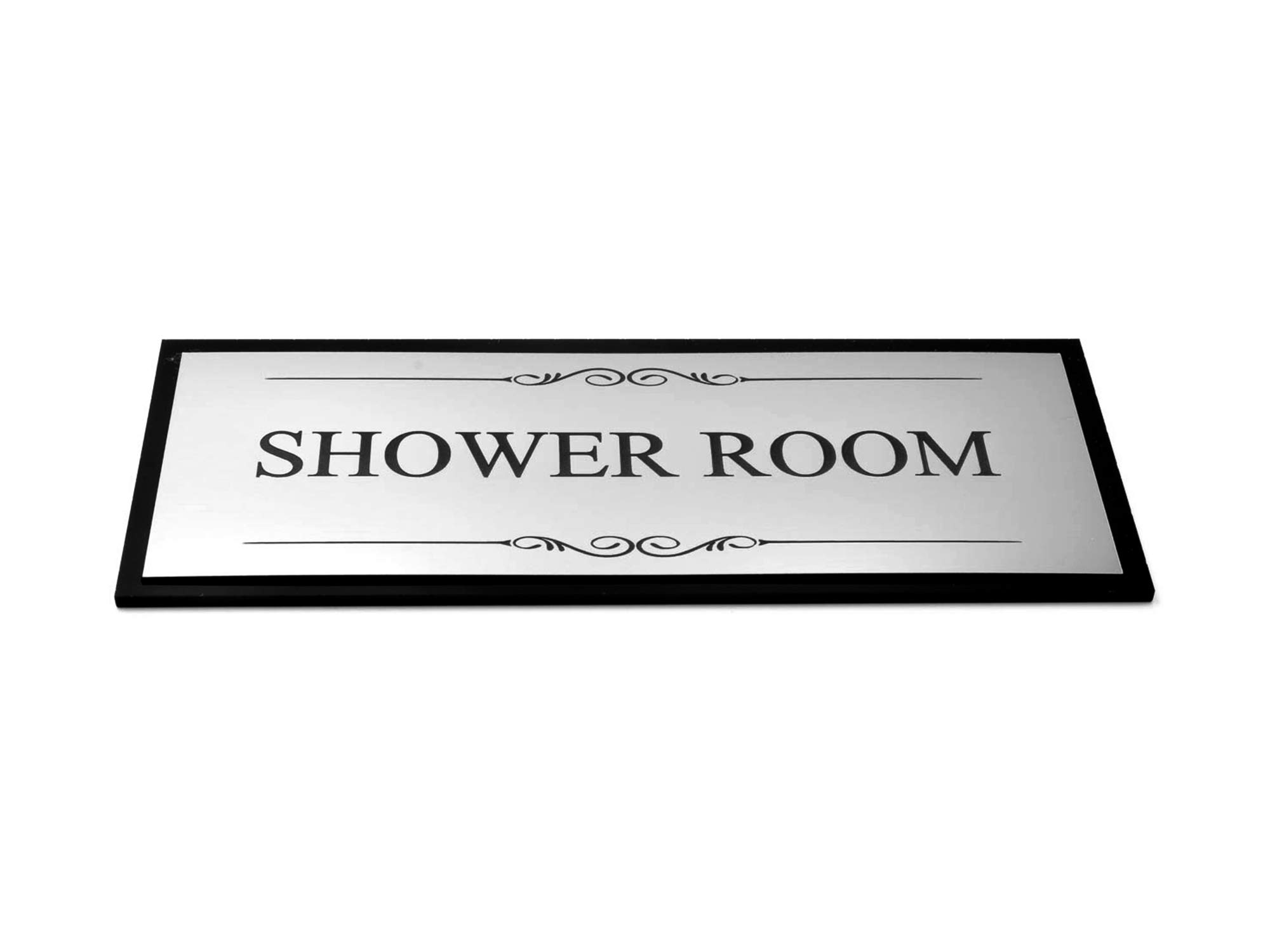 OriginDesigned Shower Room Door Sign, Adhesive Plaque, Stylish Metallic Silver and Black - Acrylic (Size 19.5cm x 7.6cm) supplied with adhesive strips