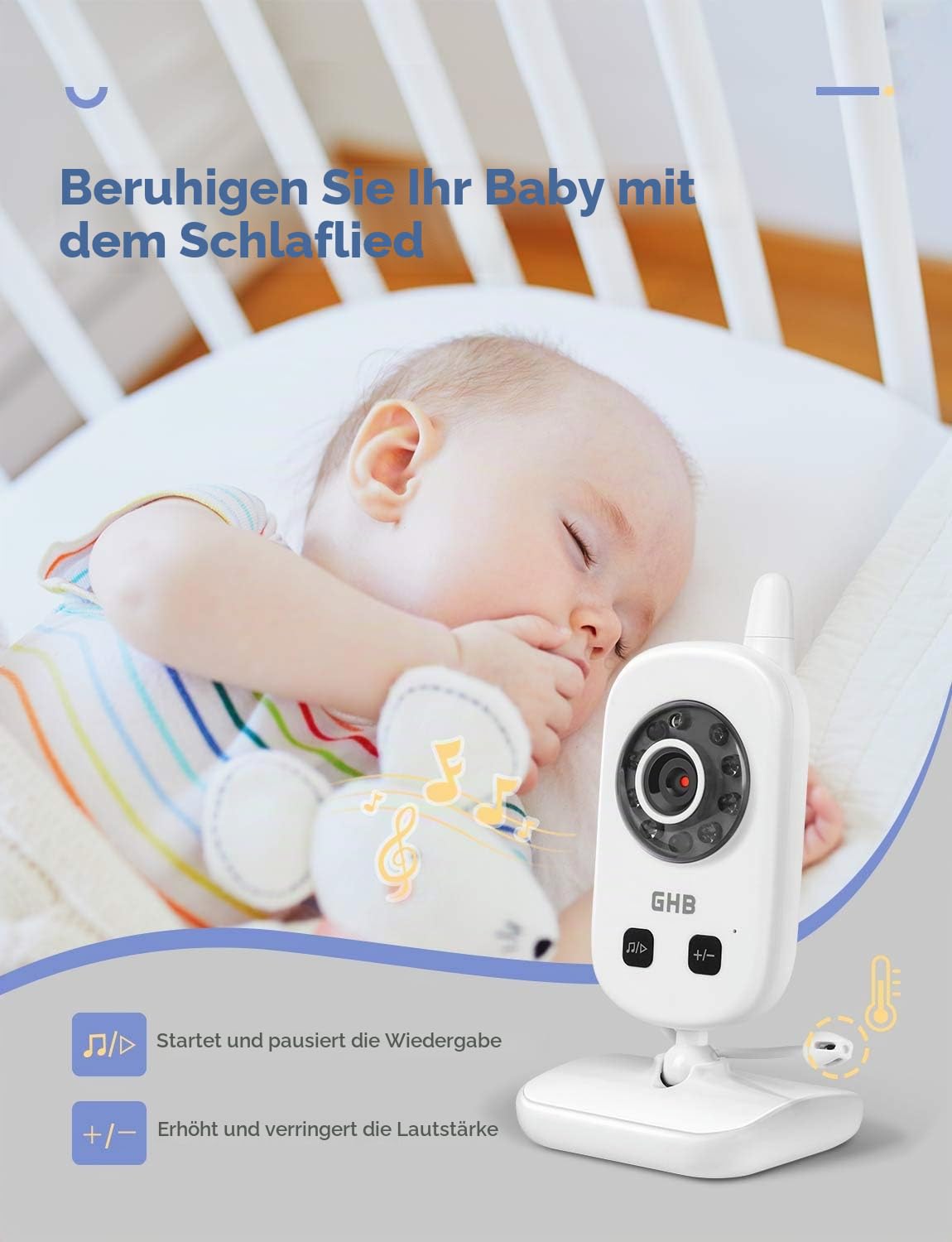GHB Baby Monitor Babyphone Video 2,4 GHz ECO Modus Gegensprechfunktion Temperatursensor Reichweite ca. 300m Schlaflieder Weiß, 720p, Nur Audio