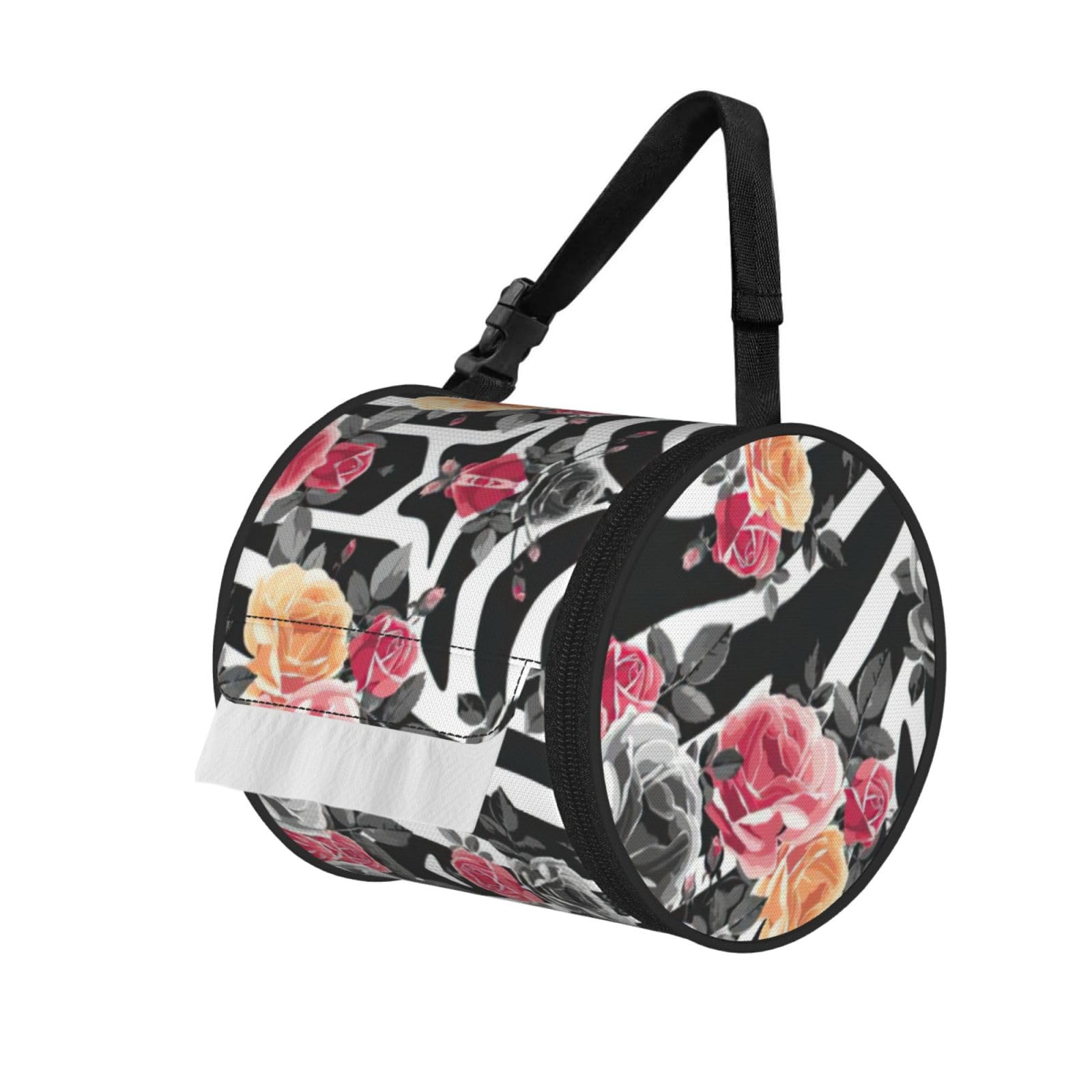 Roses Flower Floral Zebra Stripes Printed Roll Paper Carrier Bag, Foldable Oxford Cloth Tissue Case for Camping Hiking Backpack
