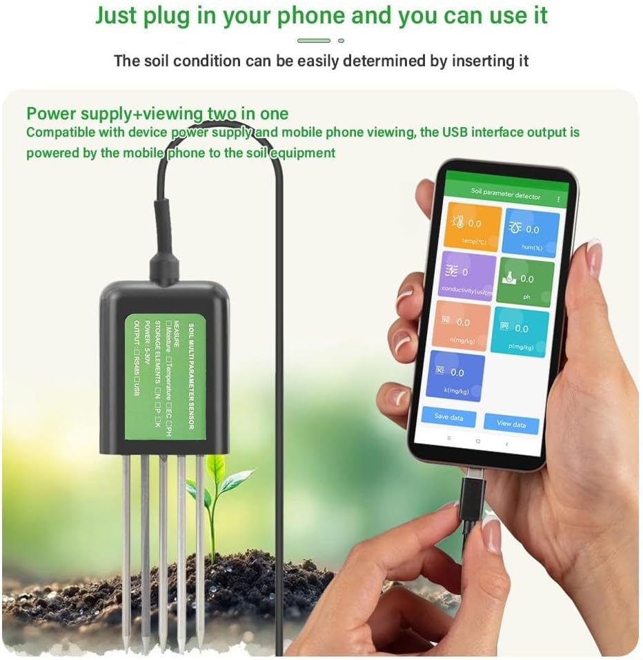 7-in-1 USB Soil Sensor, With PH EC Temperature Humidity Moisture NPK Measurement, Waterproof IP68 Metal Probe, For Agriculture Gardening