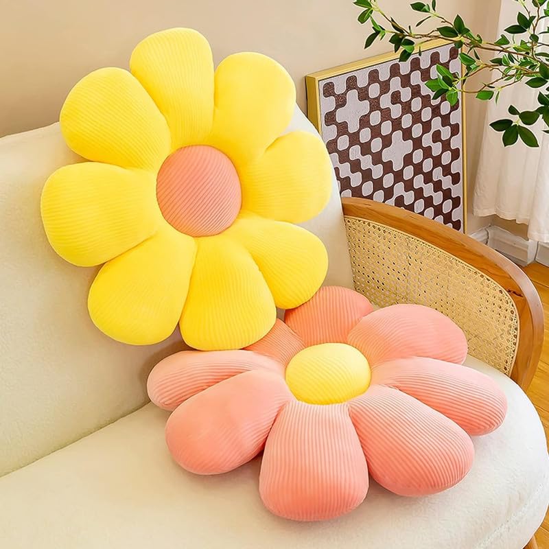 Image of Cute Daisy Shaped Throw Pillows Cute Preppy Decorative Pillows Floor Cushion for Girls Bed Room Couch Sofa Chair Aesthetic Decor (35CM, Pink /Yellow)