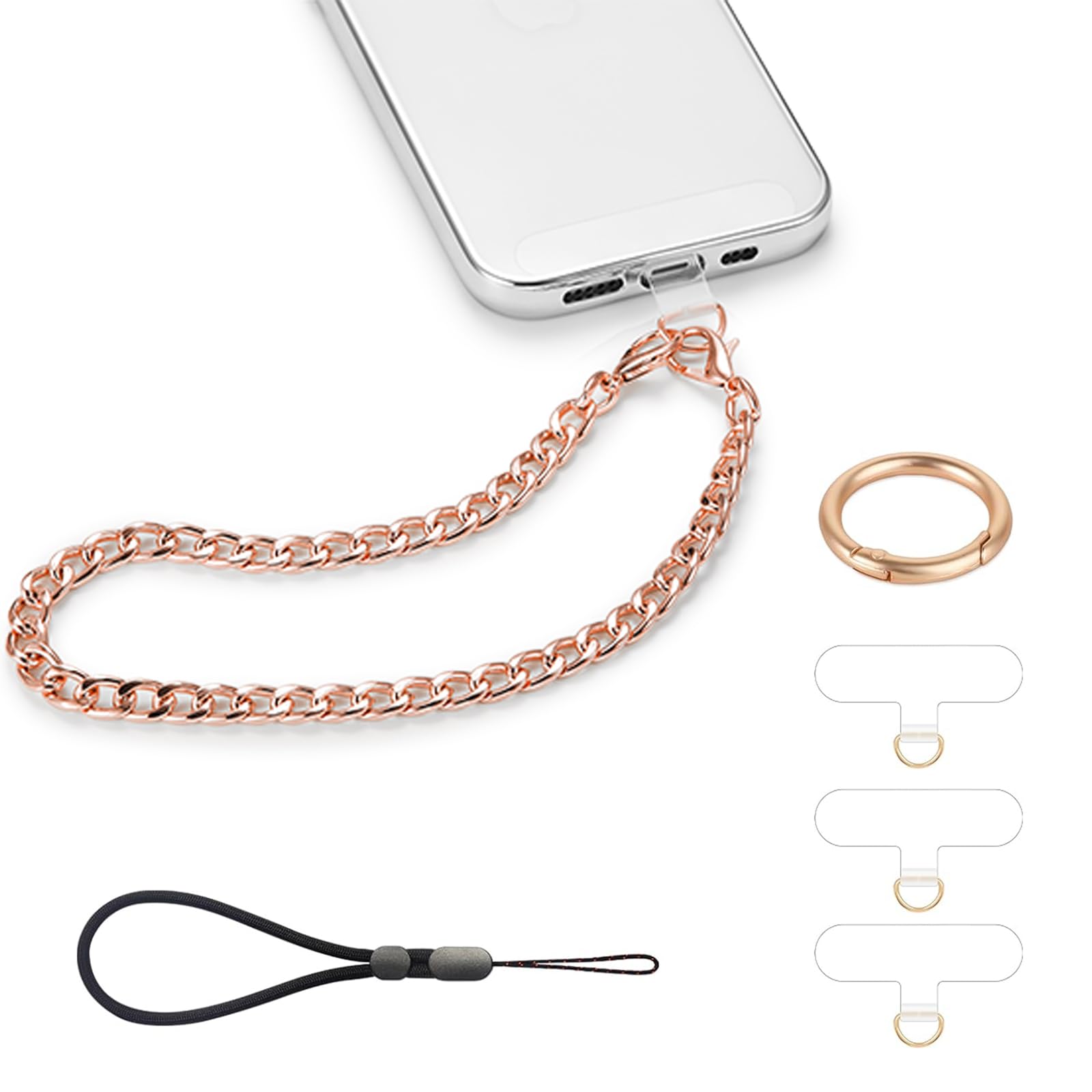Phone Charm with Gold Metal Chain Detachable Phones Lanyard Hand Wrist Strap Adjustable Phone Finger Grip Wristlet with 3 Patches Tether Universal for iPhone 16 Pro Max 15 Charms Rose Gold