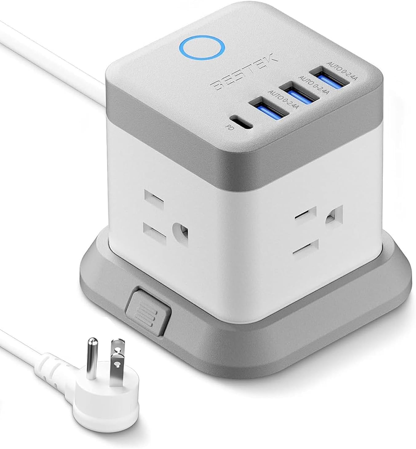 BESTEK Power Strip with USB, Vertical Cube Mountable Power Outlet Extender with 3 Outlets, 3 USB & 1 USB-C PD20W Ports, 5 Feet Extension Cord Flat Plug and Detachable Base for Easy Mounting