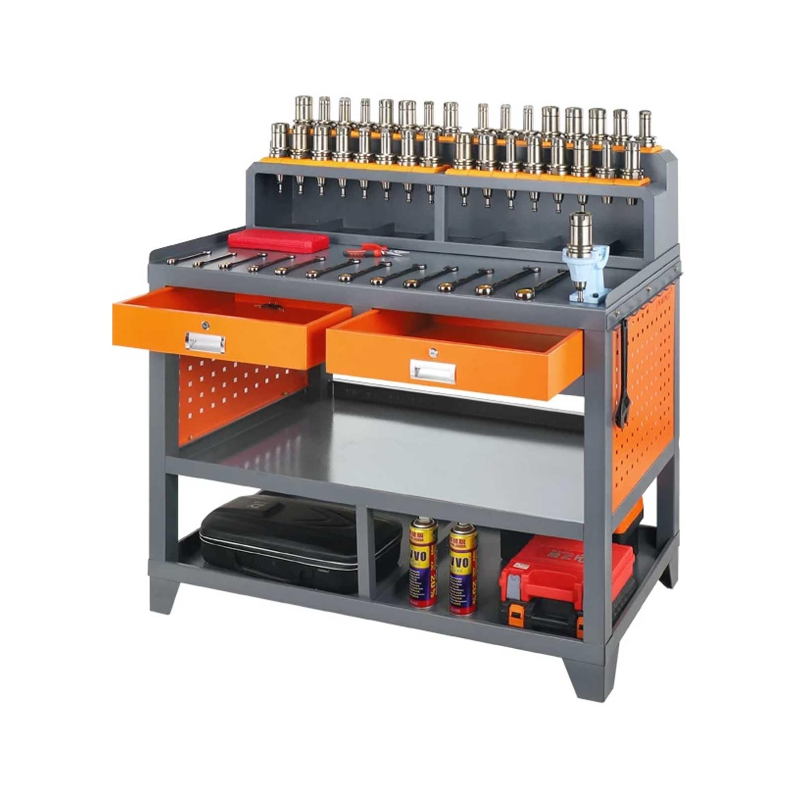 Multi-Tier Workbench Garage Tool Organizer Cabinet with Pegboard, Hanging Parts Bins, Shelves for Workshop, Home, Industrial Use(R)
