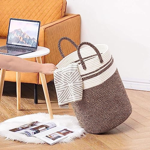 Image of Woven Rope Laundry Hamper Basket, Baby Nursery Hamper For Blanket Storage, Clothes Hamper For Laundry In Bedroom,Hall ( Tall (72L) (16 inchX16 inchX22 inch),(Camel Mix))