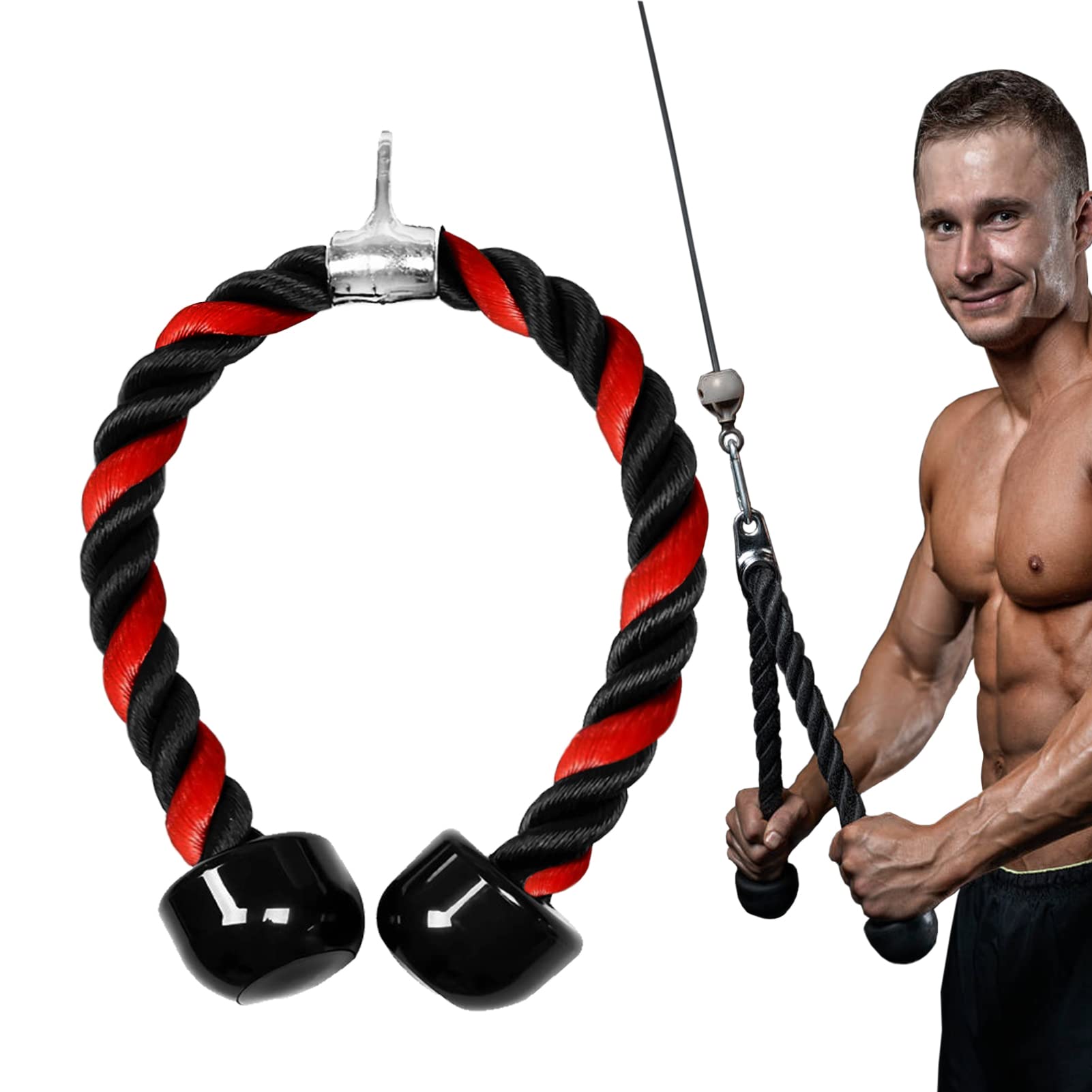 Nylonowa lina tricepsów, skręcana lina do bicepsów, tricepsów, z antypoślizgowymi uchwytami, do studia fitness, pomoc treningowa, uchwyt kablowy do bicepsów, tricepsów (czerwona, 70 cm)