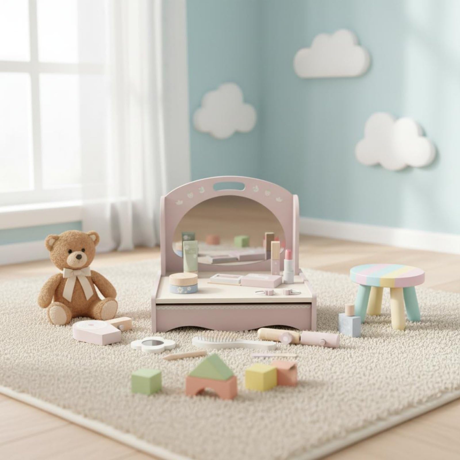 Set da Trucco Finto per Bambini Idea Regalo Set Trucchi e Parrucchiere Finti Interazione Genitore-Figlio Kit Cosmetici in Legno per Stanza Dei Giochi