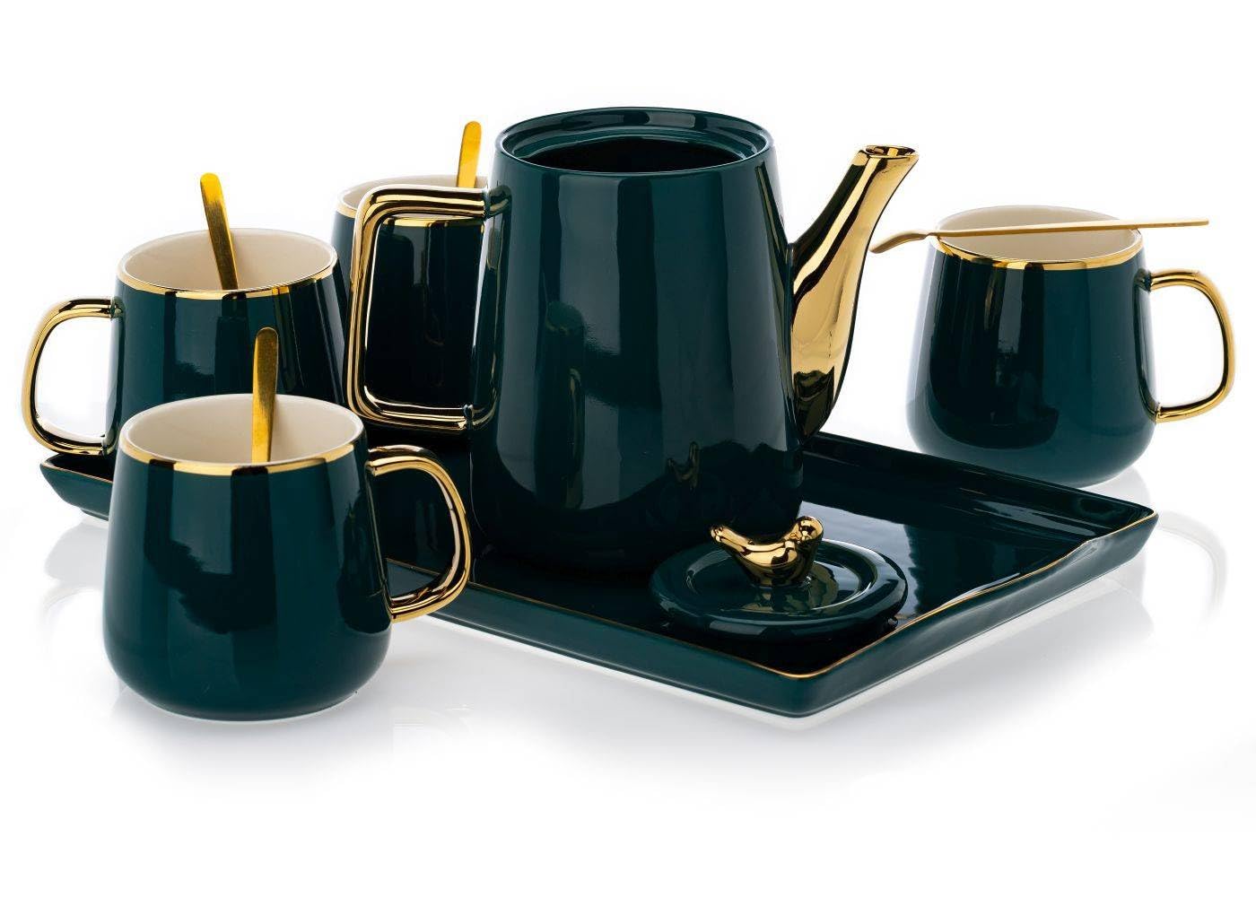 Service à café en céramique pour 4 personnes - Moderne - Vert - Avec théière, 4 tasses et plateau de service - Idéal pour le café, le thé ou d'autres boissons