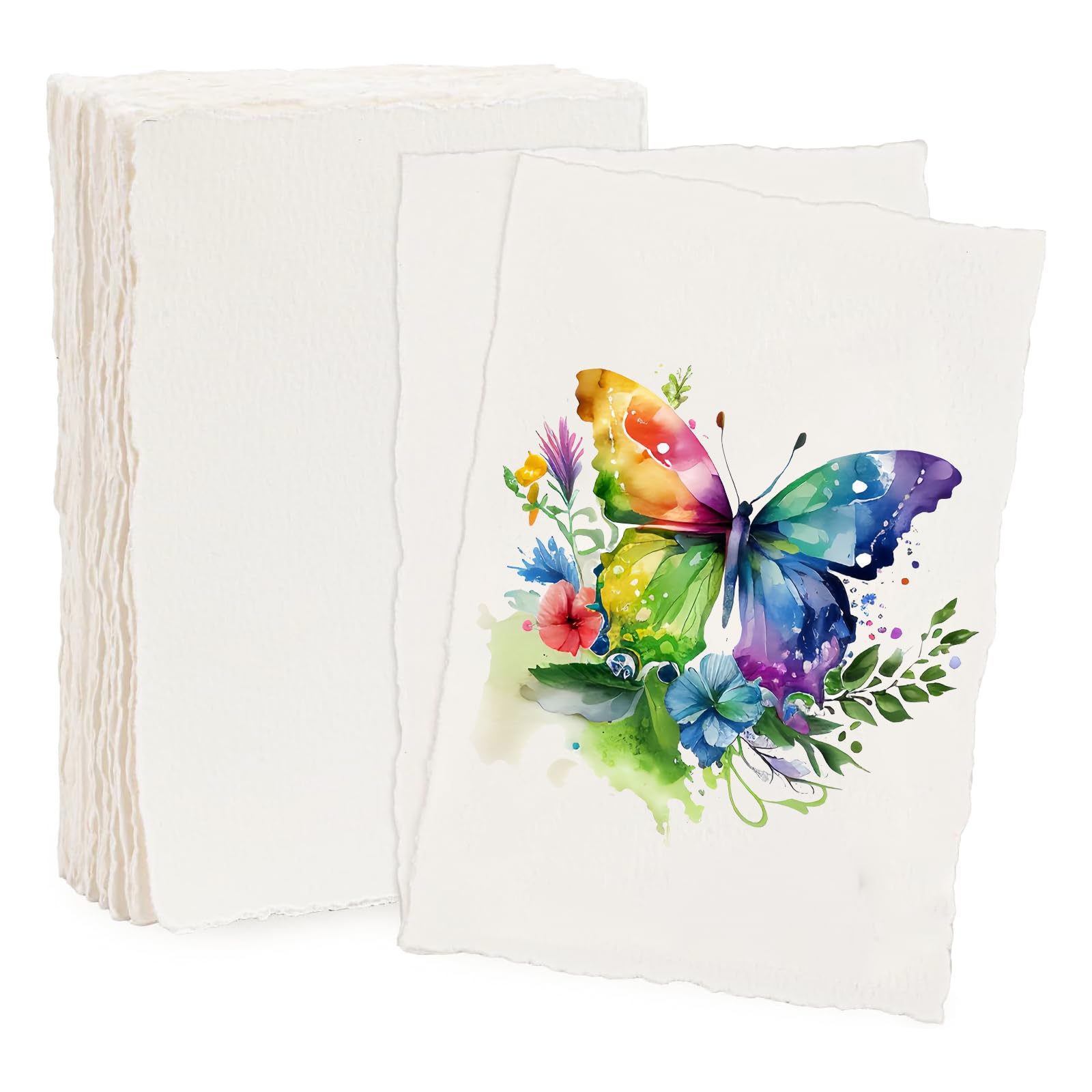 Carta Bianca Fatta a Mano con Petali di Fiori Veri e Bordo grezzo - Confezione da 50 in Formato A5 - Carta per Acquerelli, Scrittori, Inviti, Artigianato - Spessa 150 GSM