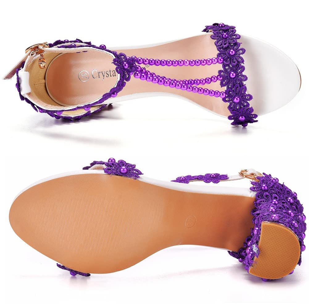 Donne Sandali con Tacco, Sexy Perline Ricamate da 7 cm Sandalo quadrate Sandalo Estate Scarpe da Sposa Scarpe Elementi,Viola,36.5 EU