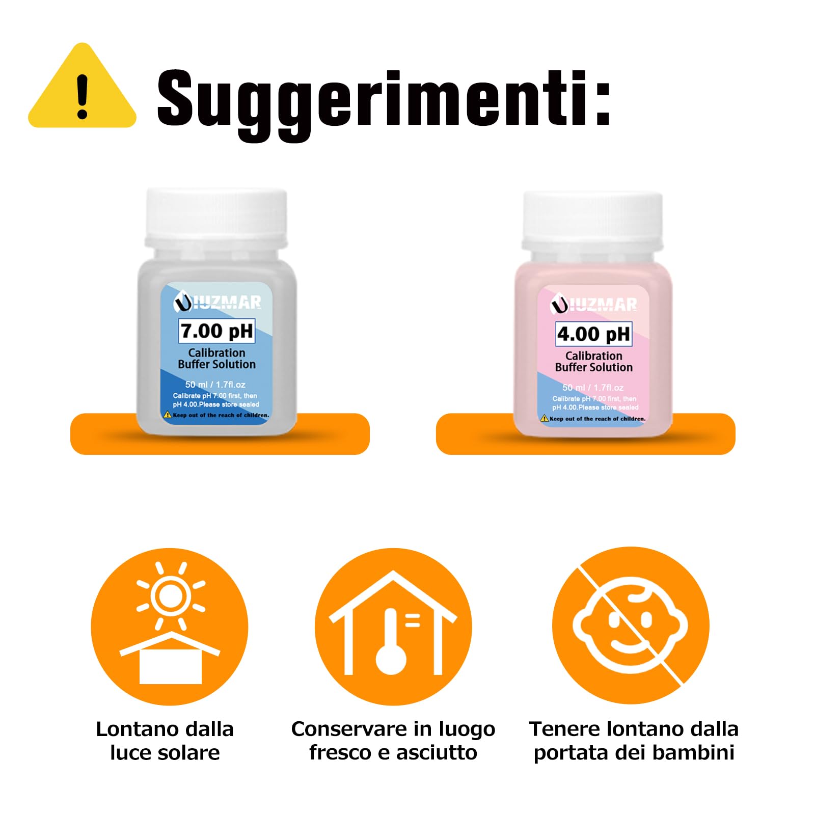 UIUZMAR Sonda pH Sostitutiva e Soluzione di Calibrazione del pHmetro (4,00 e 7,00) per Misuratore di pH Alimentare UIUZMAR, Elettrodo pH Sostituibile