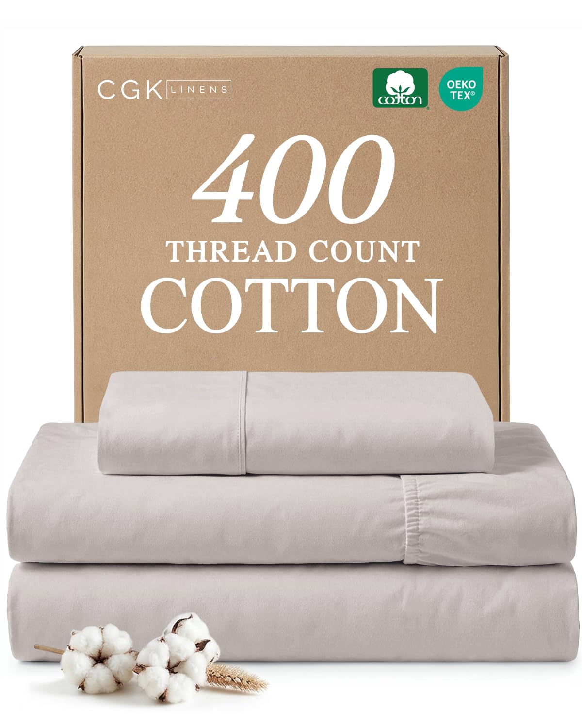 queen sheet set - 100% cotton sheets - 4 piece queen size cotton bed set with deep pockets up to 16 inches - ultra soft, breathable & cooling - fade and stain resistant - machine washable - light grey