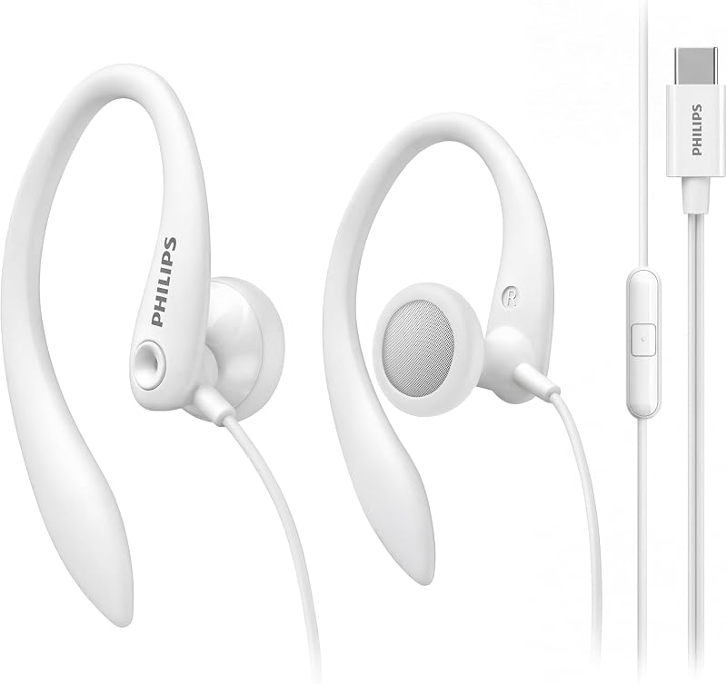 Philips Auriculares con cable USB-C con micrófono y control en línea, gancho para la oreja, compatibles con iPhone 15 y 16, Samsung, teléfonos Android tipo C, auriculares deportivos de ajuste seguro para correr