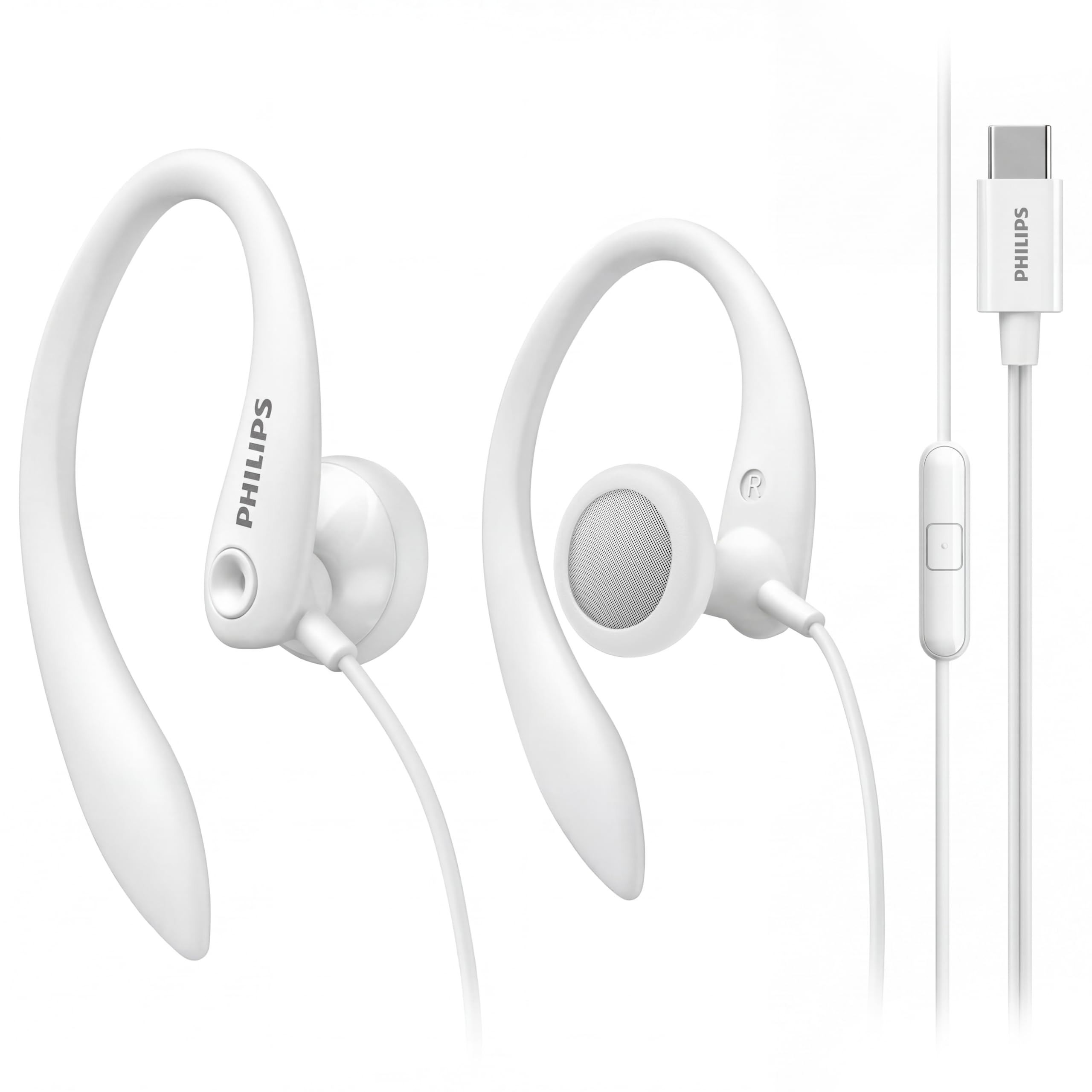 Philips USB-C Wired Earbuds with Microphone & in-Line Control, Over Ear Earhook, Compatible with iPhone 15 & 16, Samsung, Android Type-C Phones, Secure Fit Sports Running Headset
