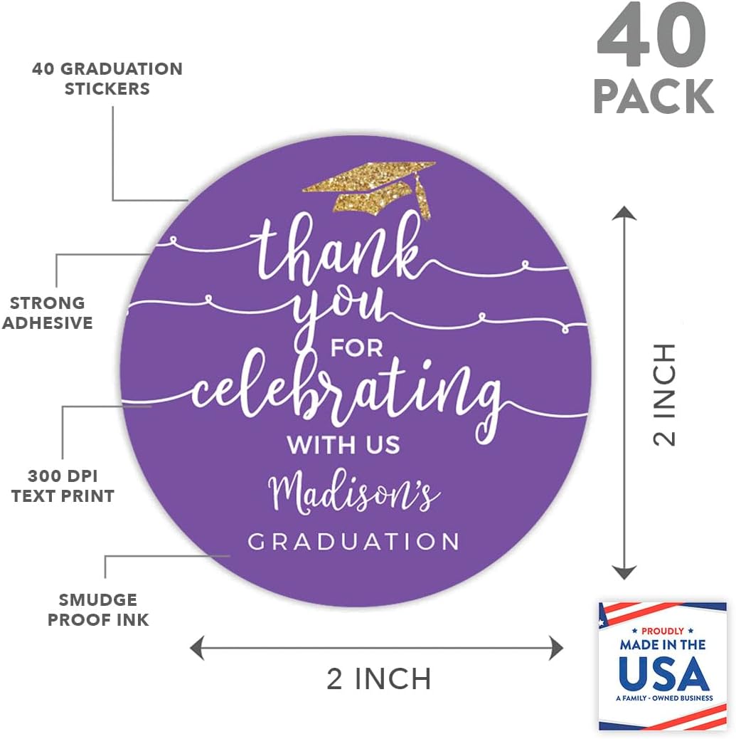 Andaz Press Royal Purple and Gold Glittering, Personalized Graduation Circle Labels, Thank You for Celebrating with US, 40-Pack, Graduation Stickers Custom Grad Thank You Stickers Class of 2026