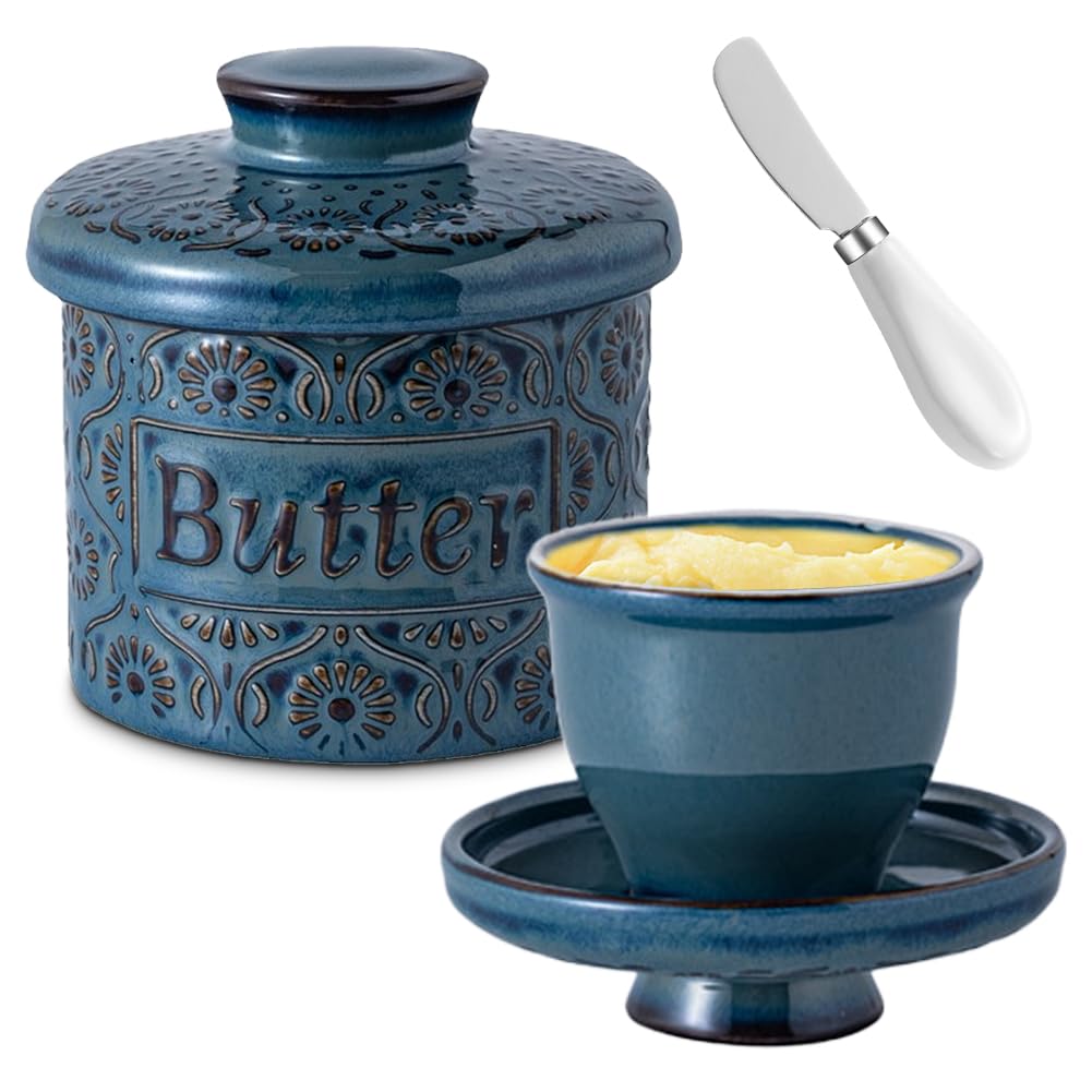 Burriera francese con linea di galleggiamento, campana per burro raffreddata ad acqua in ceramica, in porcellana con coperchio, vaso per burro per freschezza e carezza, contenitore per burro per