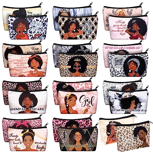 Talltalk 24 Pcs Black African Women Makeup Bag Toiletry Bag Canvas Makeup Bags Zipper Cosmetic Pouch Reusable Multi Purpose Organizer for Women Inspirational Gifts
