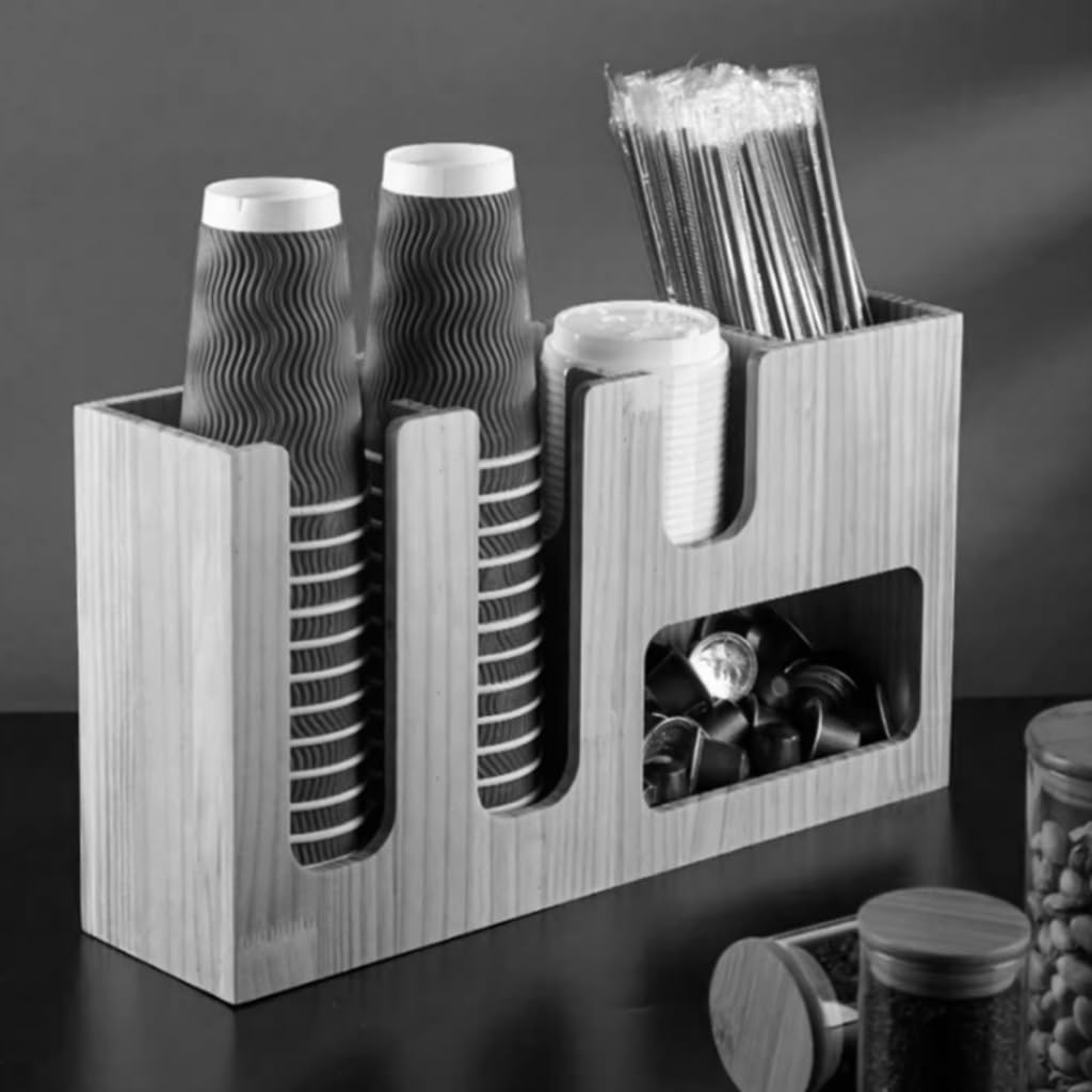 Organizer na kawę, uchwyt na pokrywkę ze stali nierdzewnej, organizer do kawy, akrylowy uchwyt na kubek z papieru, pudełko ze słomką, czarny, 40x10x24 cm, 6 przegródek