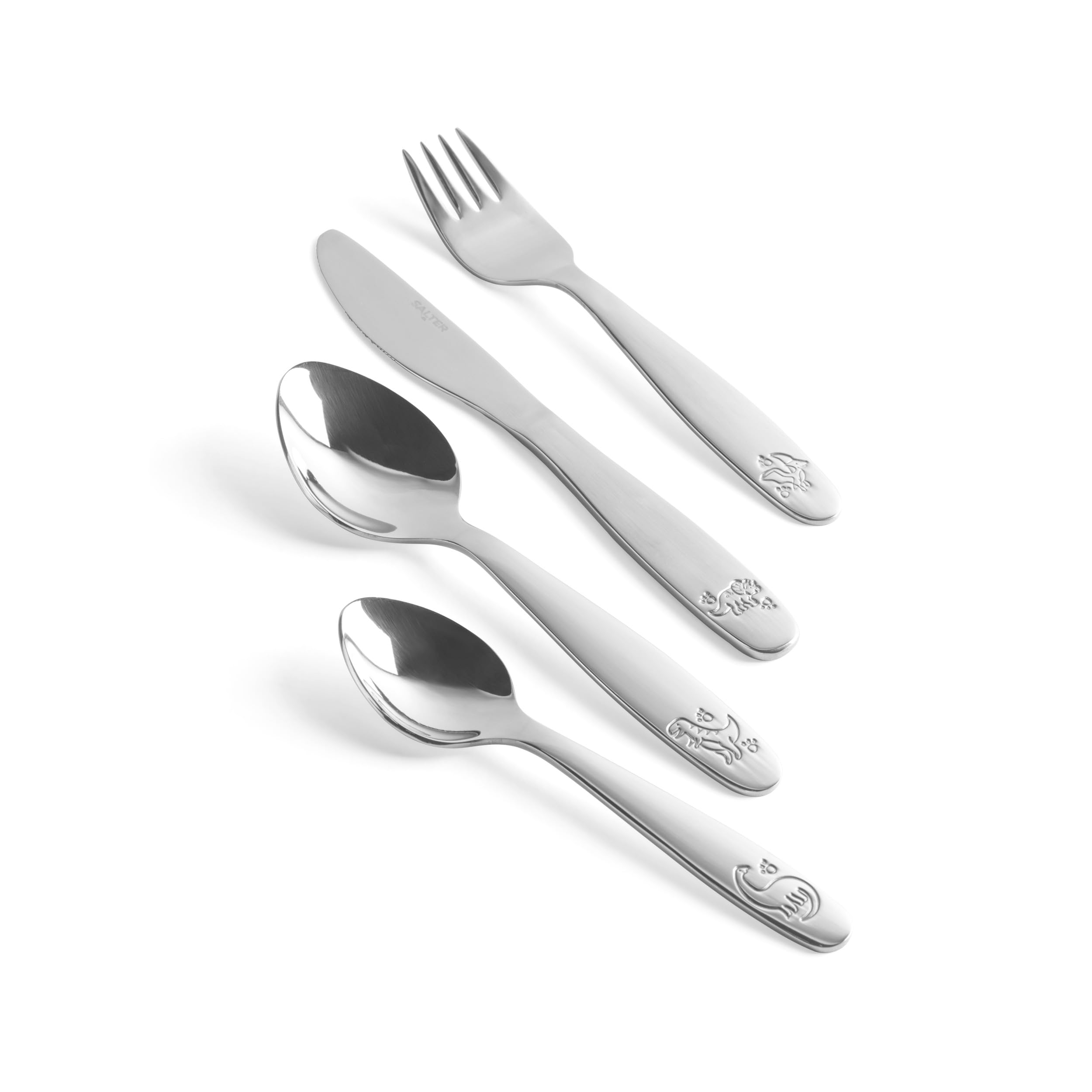 Salter 4-Piece Kids Dinosaur Cutlery Set - Knife, Fork, Dessert Spoon, & Teaspoon, Stainless-Steel, Dishwasher Safe, Mirror Polished, Embossed Pattern, Aged 1-5 Toddler Utensils, 25-Year Guarantee