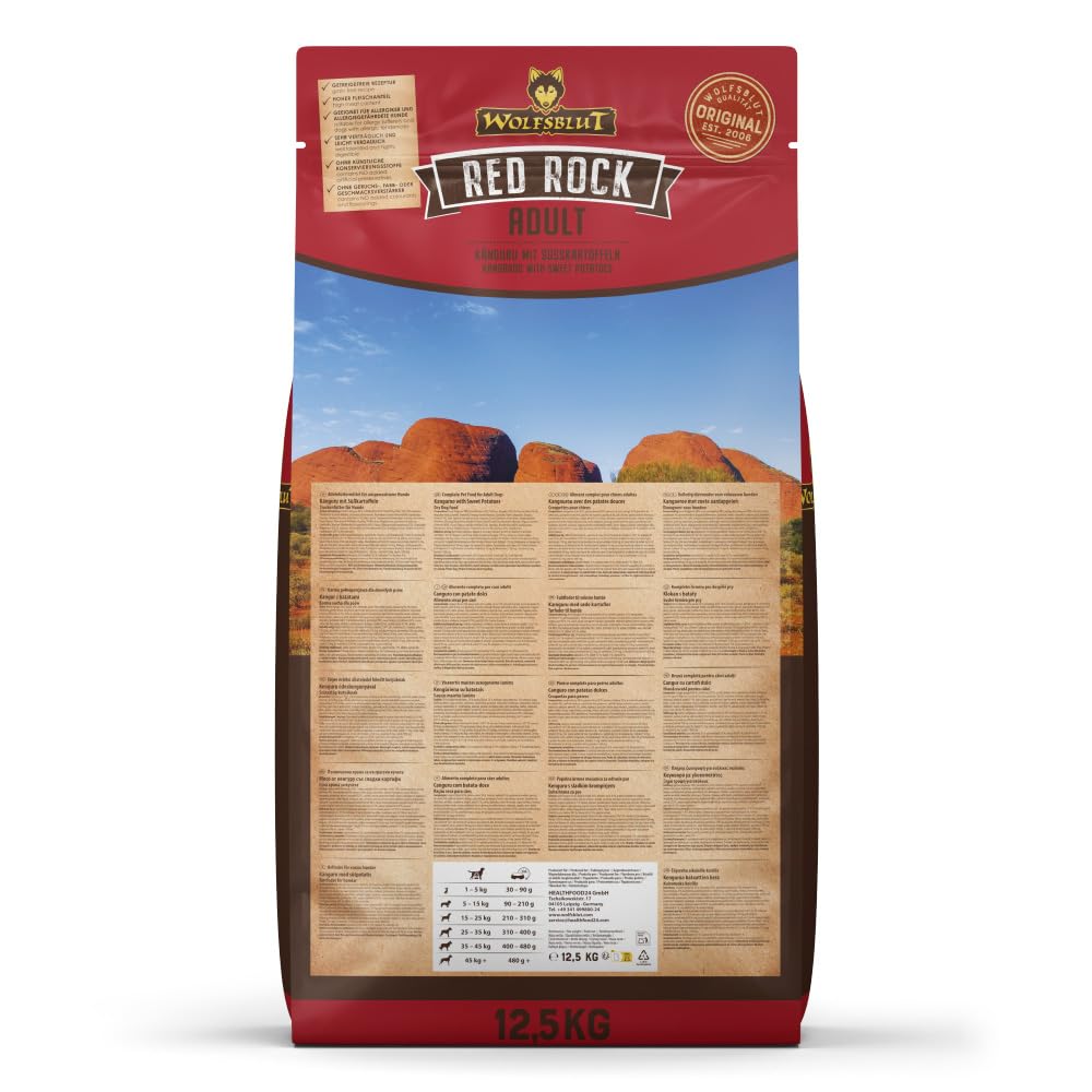WOLFSBLUT – Red Rock Adult | Trockenfutter mit natürlichen Zutaten und wertvollen Superfoods für ausgewachsene Hunde. Getreidefreies Alleinfutter ohne Zusatzstoffe im Beutel | 12,5kg Känguru