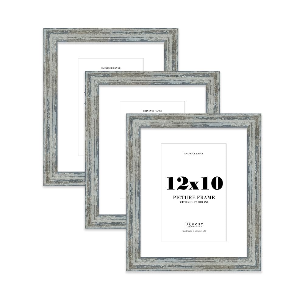 12x10" Distressed Blue Picture Frame with 9x6" Mount - Reclaimed Wood Style Photo Frame with Distressed Finish, Wall Hooks and Kickstand, 32mm Edge - 3 Pack