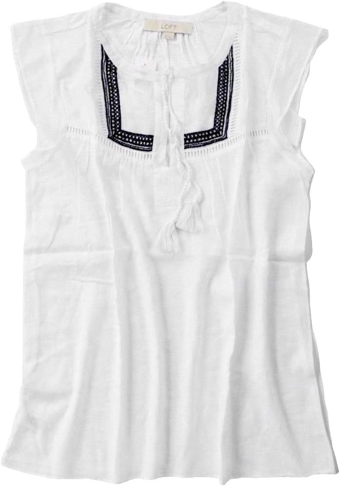Ann Taylor LOFT Women's - Crisp White/Navy Embroidered Tassel-Tie Tank Top