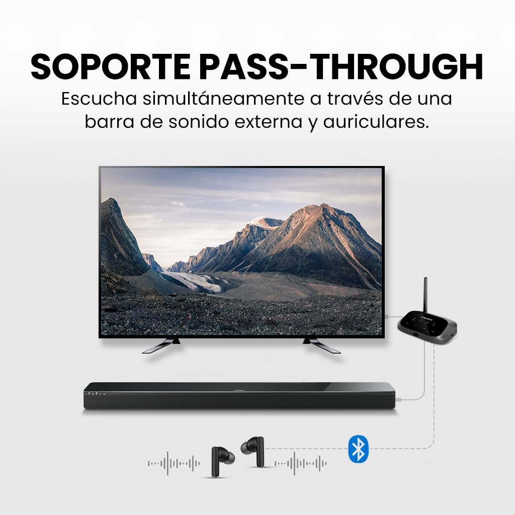 Avantree Oasis Plus 2 – Transmisor Bluetooth para TV con Control de Volumen Remoto, Compatible con Dos Auriculares, aptX‑Adaptive, passthrough de Barra de Sonido, para TV con Salida óptica o AUX