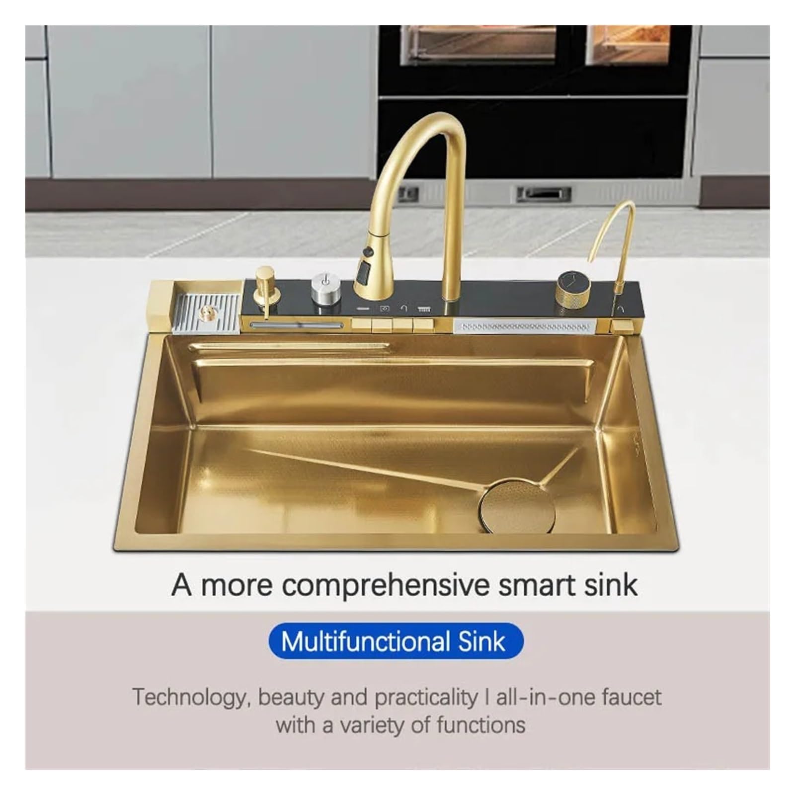 Juego De Grifería Con Pantalla Digital Integrada, Botón Ranura Única, Cocina Moderna, Estilo Cascada, Acero Inoxidable 304, Oro Pulido FáCil De Limpiar Y Mantener