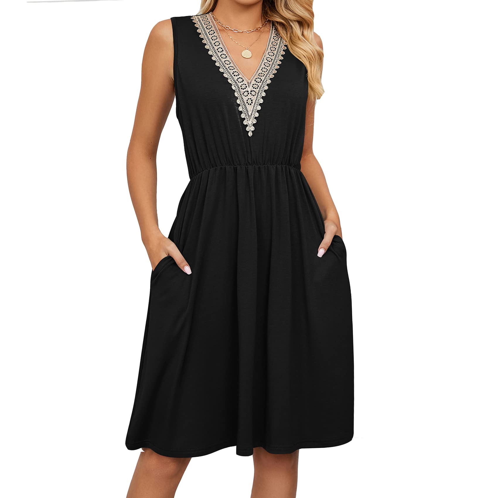 Womens Sleeveless Dress Wrap V Neck Summer Casual Swing Sundress Beach Short Dresses with Pocket