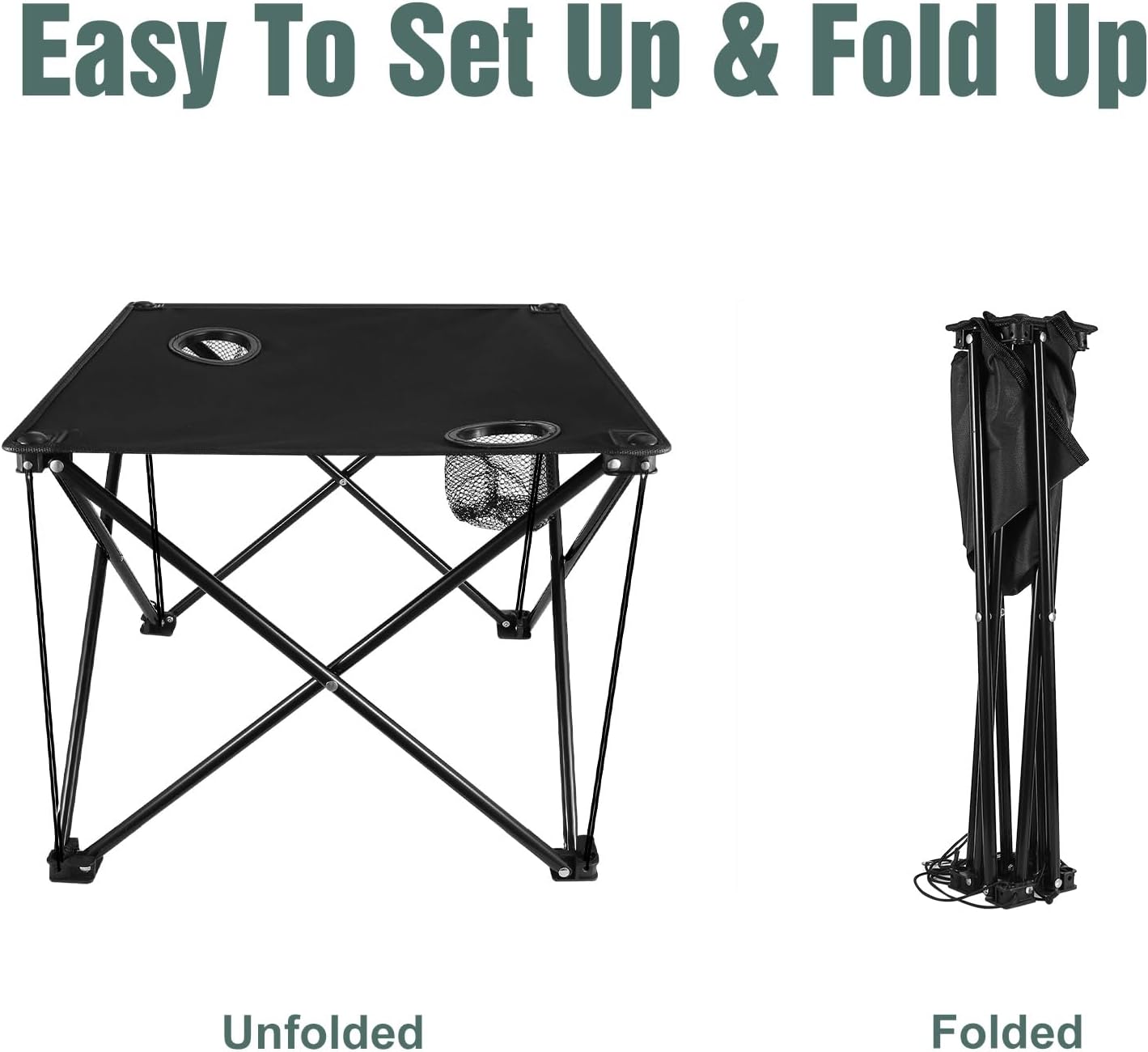 Folding Camping Table with 2 Cup Holders, Portable Picnic Table 600D Oxford Fabric, Lightweight Beach Table with Carrying Bag for Outdoor, Camping, Picnic, Beach, BBQ