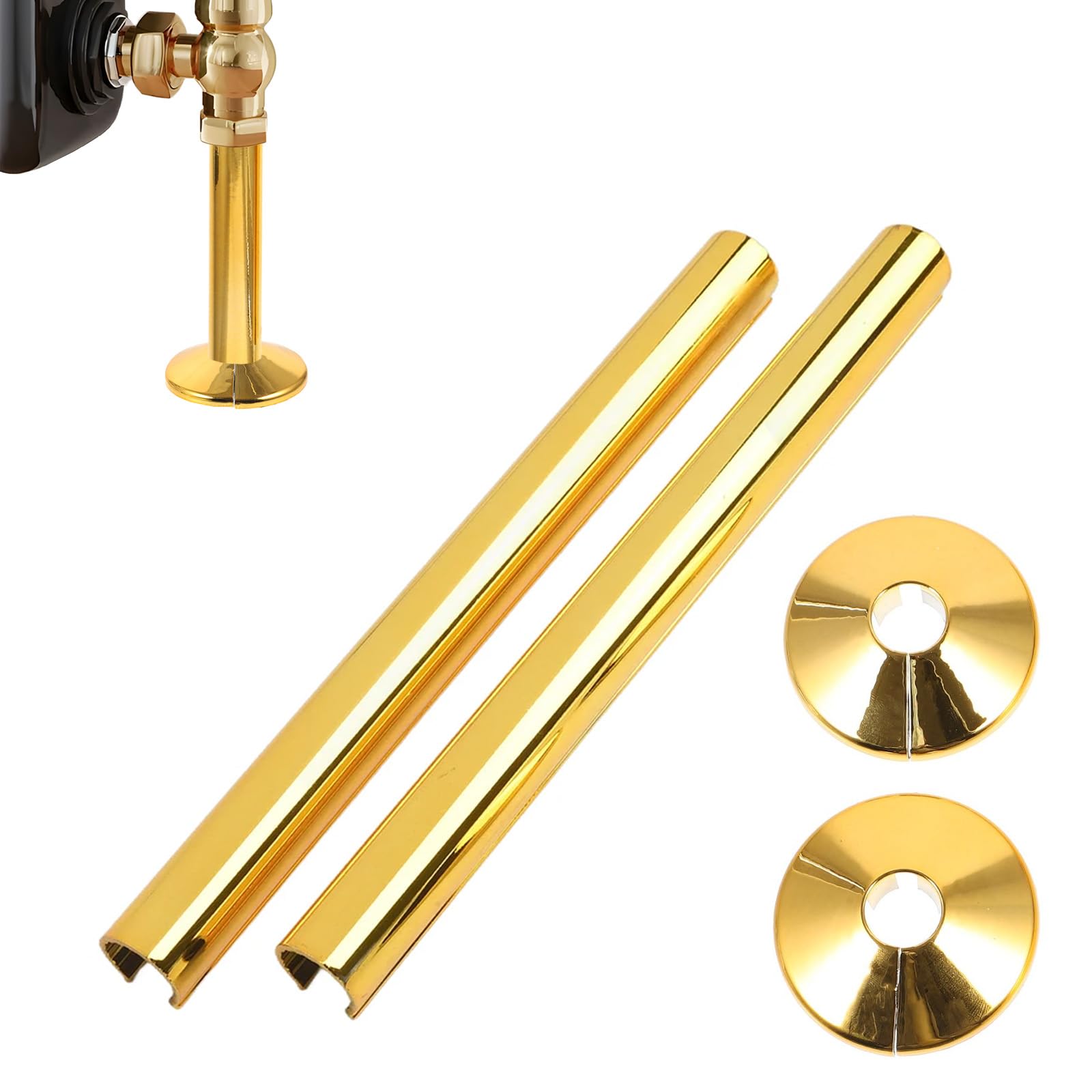 2 Pack Bathrooms Radiator Pipe Covers and Collars,15mm Gold Radiator Pipe Covers & 15*200mm Clip-On Radiator Pipe Collars for Copper,Brushed Brass Texture,PEX & PB Pipes,Easy Fit Decorative Trim Kit