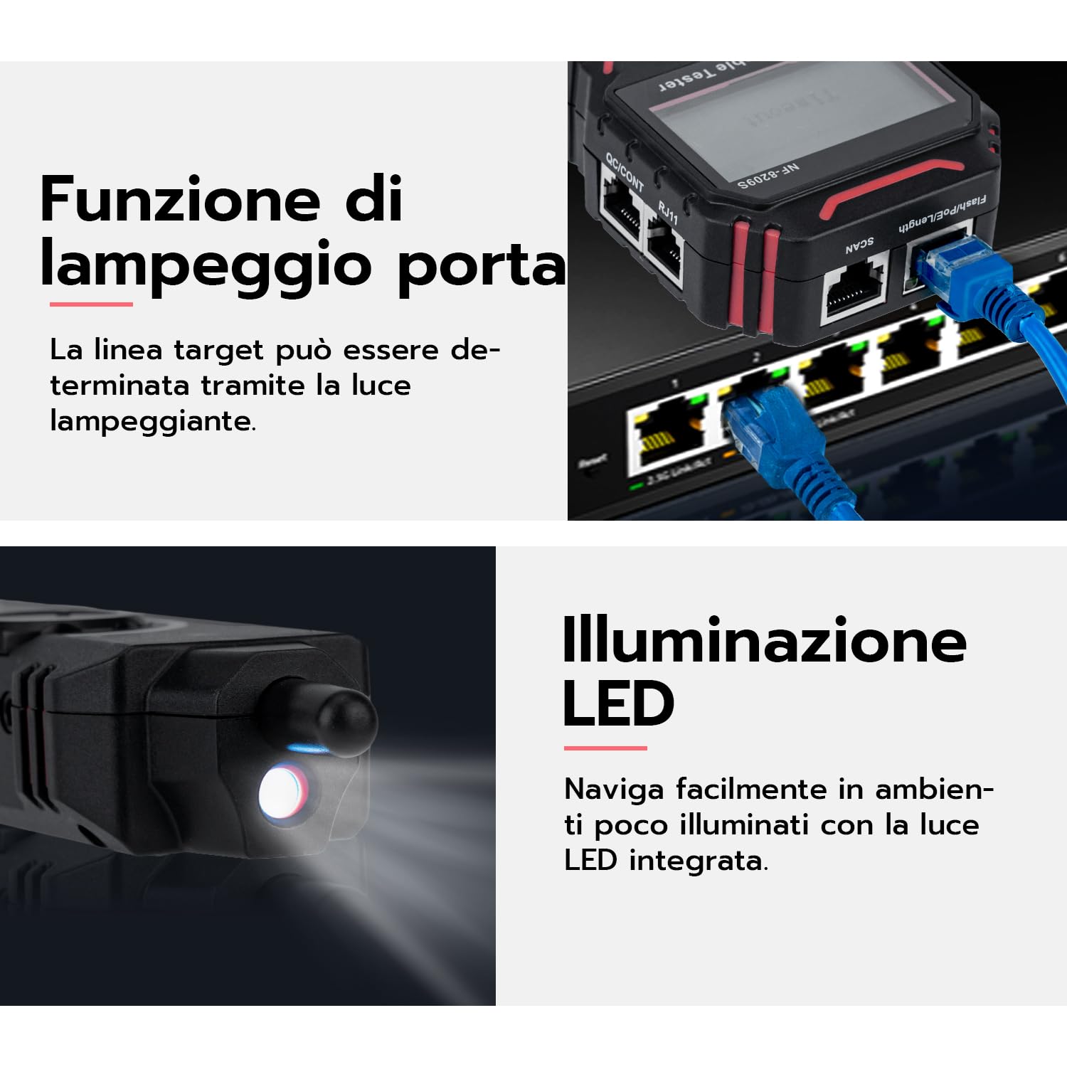 Mcbazel Tester per Cavi di Rete con PoE e NCV, Misurazione della Lunghezza del Cavo, Porta Flash, Rilevatore di Line