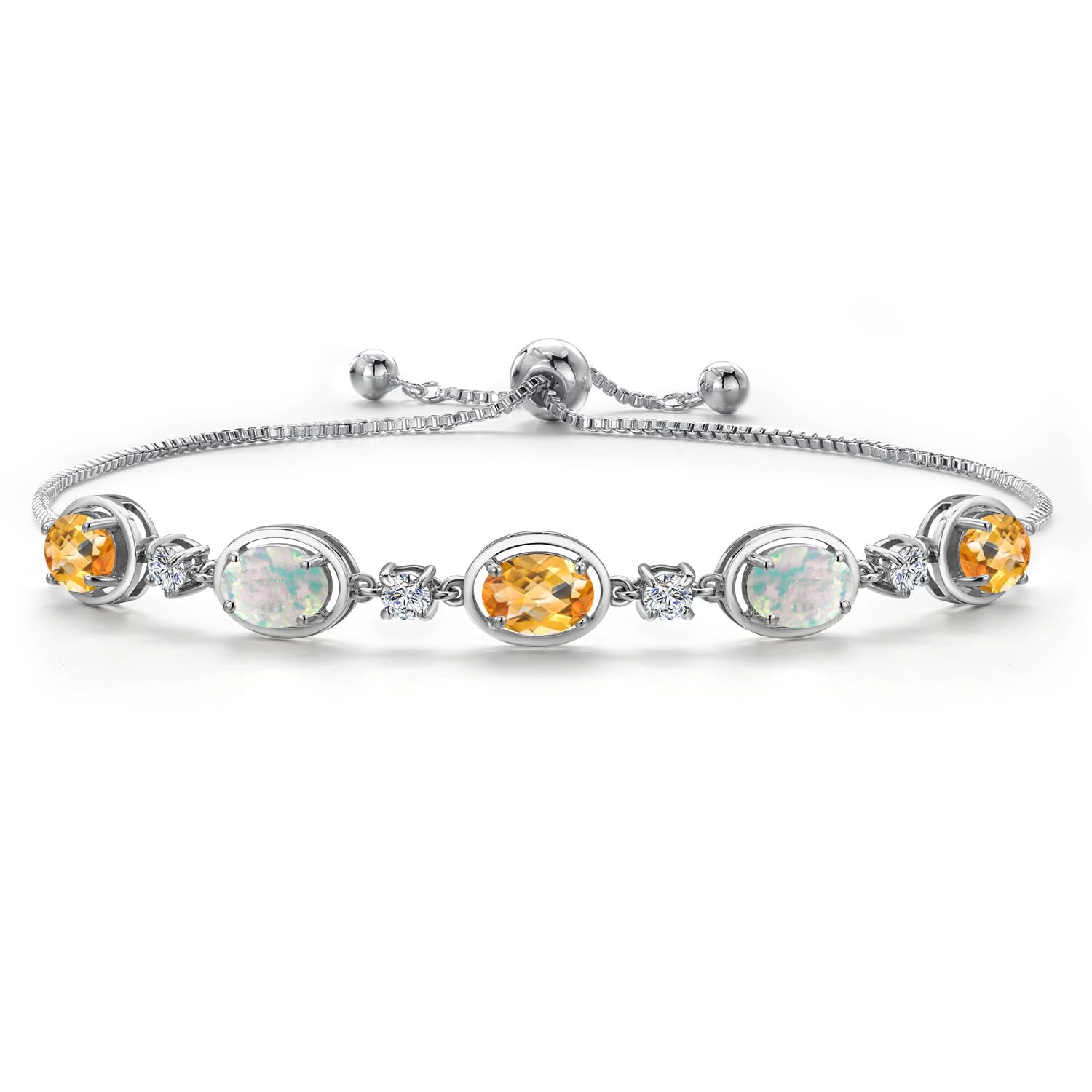 Gem Stone King 925 Sterling Silver Yellow Citrine Simulated White Opal and Moissanite Tennis Bracelet For Women | 4.18 Cttw | Oval Checkerboard 7X5MM