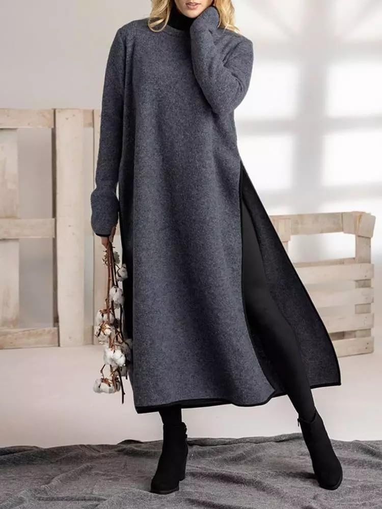 Women Winter Warm Fleece Lined Long Sleeve Sweatshirt Dress Fall Oversized Casual Crewneck Slit Loose Pullover Maxi Dress Plus Size Grey - Image 2