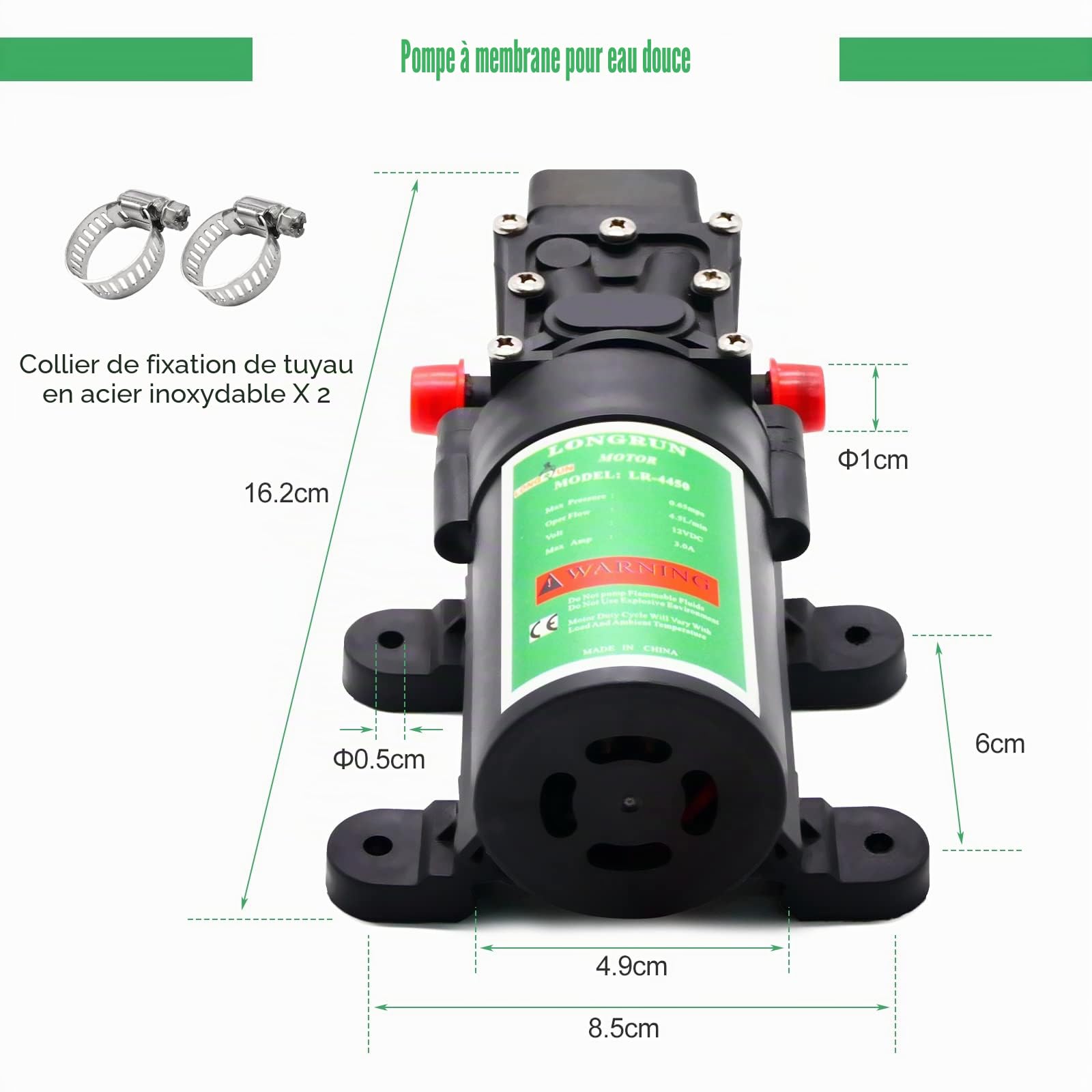 LONGRUN Pompe a Eau 12V DC Camping Car, 65PSI 3L/Min Pompe à Eau à Membrane Auto-amorçante Haute Pression, Pompe a Eau pour RV Caravan Boat Nettoyage Jardin Lavage Arrosage