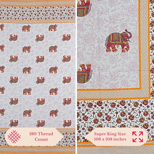 Image of Jaipur Weaves Jaipuri Cotton King Size Bedsheet 108x108 Super King, 144 TC 100% Pure Cotton Double Bed Sheet with 2 Pillow Covers, Royal Elephants Traditional Print - (Elephants Orange)