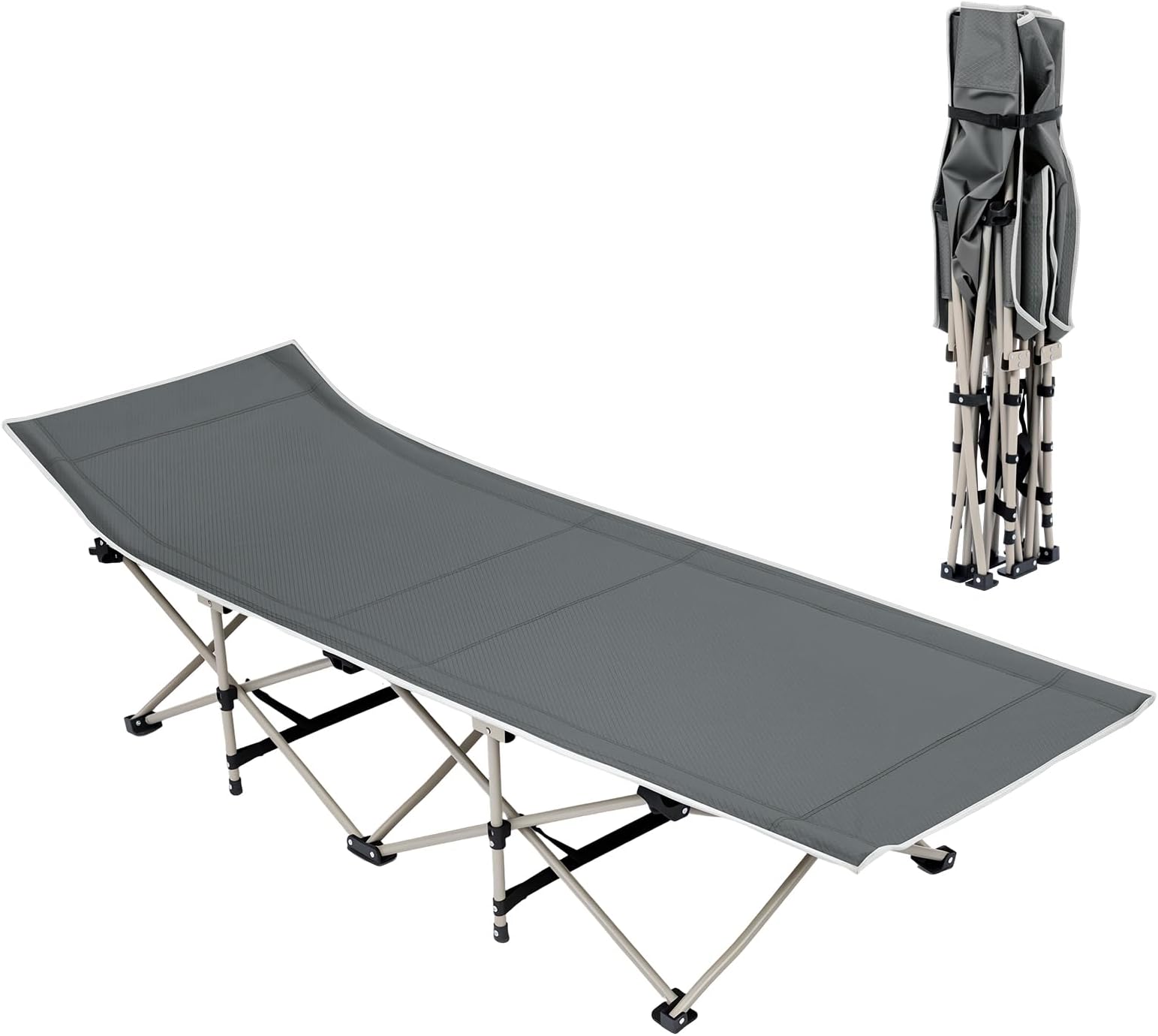 Portable Folding Camp Bed XL – Heavy-Duty Camping Cot 187 x 67 x 37 cm, Oxford Fabric & Steel Tube Frame, 250 kg Load Capacity – Outdoor Sleeping Lounger (Grey)