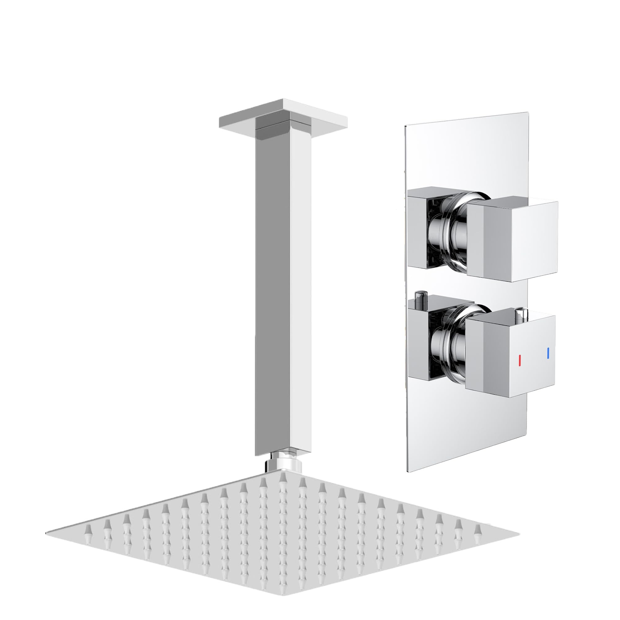 Baystone Chrome Baystone® Bathroom Thermostatic Mixer Shower With Square Rainfall Drencher Head & Concealed Valve Ceiling Mounted, Polished