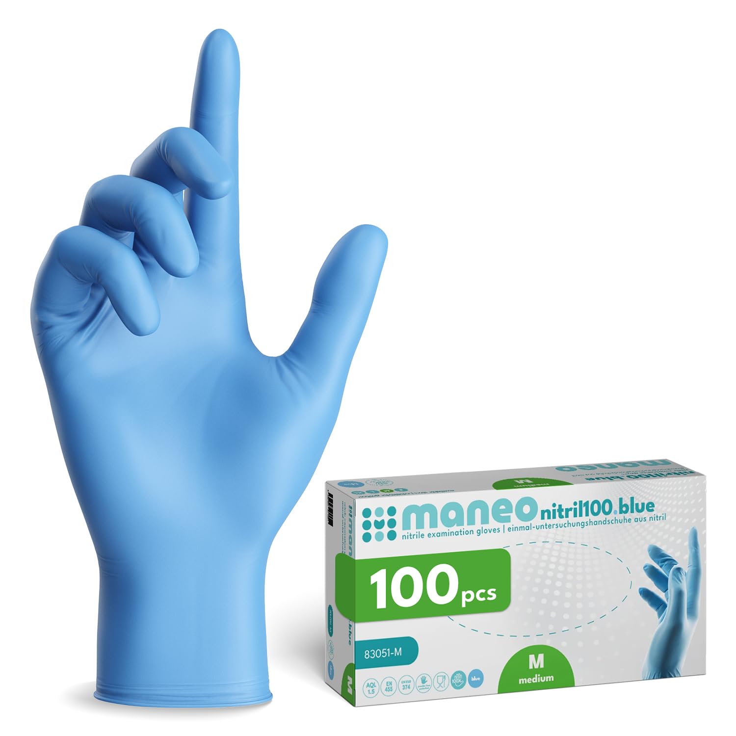 maneo 100x Einweghandschuhe Blau, Einmalhandschuhe in M, puderfreie Handschuhe Einweg, latexfreie Gummihandschuhe, Nitrilhandschuhe, Putz-, Koch- & Haushalts-Handschuhe
