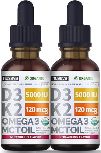 Paquete de 2 gotas de vitamina D3 K2 orgánicas con aceite MCT Omega 3 5000 UI líquido de vitamina D de máxima resistencia 5000 IU sin rellenos